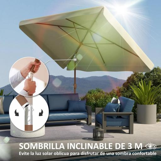 Sombrilla de Terraza Exterior 300x200x245 cm con Ángulo Ajustable Mástil de Aluminio Manivela y Protección UV 50+ Beige [6]