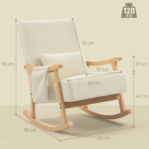 Silla Mecedora de Pana con Cojín Lumbar Patas y Reposabrazos de Madera de Caucho Bolsillo Estilo Moderno Beige [1]