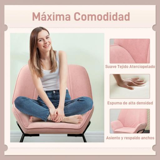 Butaca de Salón con Asiento Ancho y Acolchado Tapizado en Terciopelo Patas de Metal Sillón para Salón Rosa [2]
