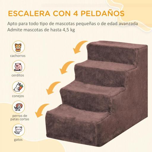Escalera para Mascotas de 4 Peldaños con Funda Extraíble y Lavable para Cama Sofá 60x35x44 cm Marrón [4]