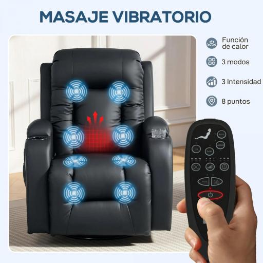 Sillón de Masaje Giratorio Sillón Relax Reclinable con 8 Puntos de Masaje Función de Calefacción 82x99x103 cm Negro [2]