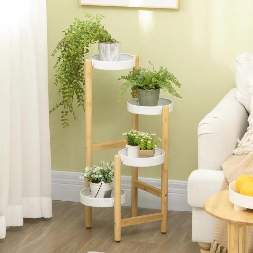 Soporte para Plantas con Patas de Bambú y 4 Estantes Metálicos Redondos Carga 20 kg Ø28x80 cm Natural y Blanco
