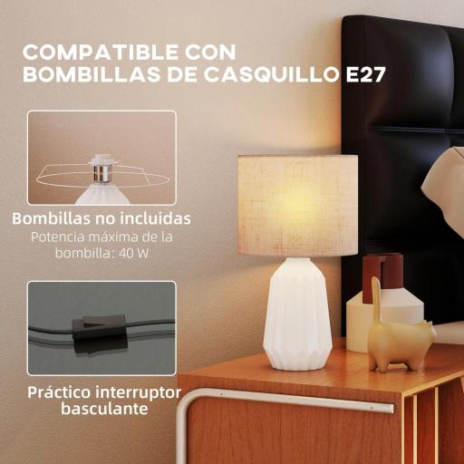 Lámpara de Mesa con Base de Cerámica y Pantalla de Lino Estilo Retro para Dormitorio 40W Blanco y Beige [7]