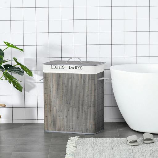 Cesto para Ropa Sucia de Bambú Capacidad de 100L con Tapa Extraíble Bolsa de 2 Compartimentos 52x32x63 cm Gris