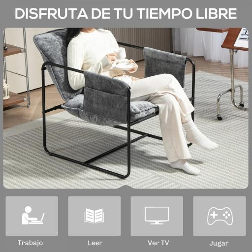 Butaca Moderna para Relax con Tapizado en Chenilla Estructura de Acero y Reposabrazos con Bolsillos 68x76x81 cm Gris [6]