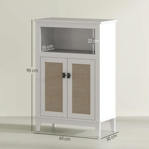 Mueble Auxiliar de Baño con 2 Puertas con Frontal de Ratán Estante Ajustable y Compartimento Abierto 60x30x90 cm Blanco [6]