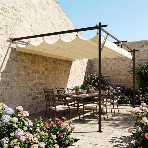Pérgola de Pared de Jardín 4x3 m con Techo Retráctil Protección UPF30+ Drenaje Cenador de Jardín para Exterior Crema [4]