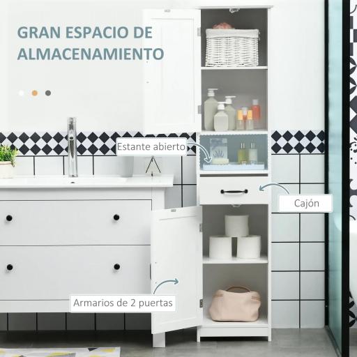 Columna de Baño con 2 Puertas 1 Cajón Estante Abierto y 2 Armarios con Estante Ajustable 40x30x164 cm Blanco [5]