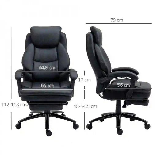  Silla de Oficina Ergonómica Silla de Escritorio Ajustable en Altura con Respaldo Inclinable hasta 130° Función Basculante y Resposapiés Retráctil Acero 65,5x79x112-118 cm Negro [1]