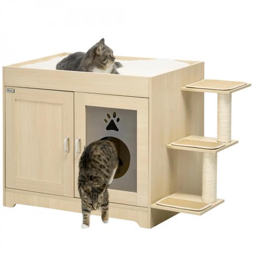 Mueble Arenero para Gatos con Cama Cojín Suave 3 Plataformas y Postes de Sisal 107x54x70 cm Roble [8]