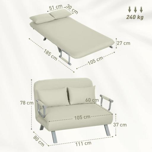 Sofá Cama de 2 Plazas con Respaldo Ajustable en 5 Posiciones Tapizado con Tacto de Ante y Cojines 111x80x78 cm Crema [1]