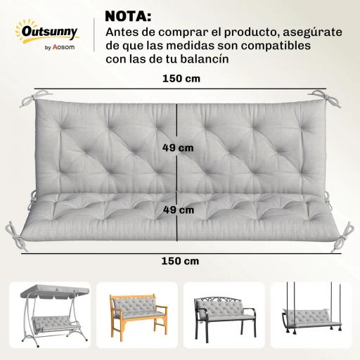 Cojín para Banco de Jardín con Respaldo Relleno Grueso y Cintas de Sujeción para Interior y Exterior 150x98x8 cm Gris [1]