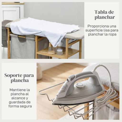 Cesto de Ropa Sucia 57,4L con Tabla de Planchar Soporte para Plancha 3 Estantes y Bolsa Extraíble 113x34x82 cm Natural [2]