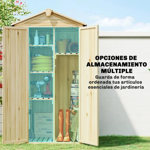 Caseta de Jardín de Madera 93x53x168 cm Armario para Herramientas con 4 Estantes 3 Puertas y Ganchos Madera Natural [3]