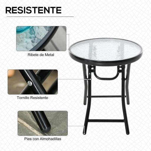 Mesa de Vidrio Redonda Plegable Mesa de Jardín con Hebilla de Seguridad Borde Cubierto de Metal Patio Interior y Exterior Ø45x50 cm Negro [5]