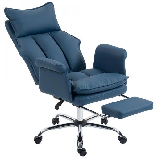 Silla de Escritorio con Reposapiés Respaldo Reclinable Alto Acolchado Grueso Tapizada en Cuero Sintético Ruedas Azul [8]