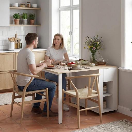 Mesa de Cocina Plegable para 6 Personas con Alas Abatibles Cajón Estantes Abiertos 168,2x85x73 cm Blanco [2]