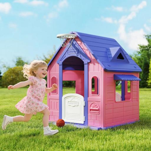 Casita Infantil Exterior e Interior 3 en 1 con Lanzamiento de Aros Baloncesto para Niños de 2-5 Años Rosa y Morado