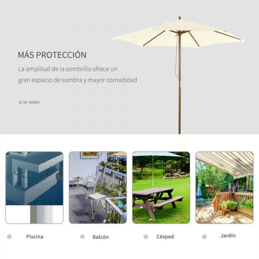 Sombrilla Parasol de Madera Ø250x230cm para Exterior con 6 Varillas Sistema de Polea Color Blanco [3]