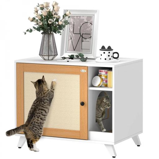 Mueble Arenero para Gatos con Puerta de Sisal Mesa Auxiliar Estante y Alfombrilla Antiarena 77x50x63 cm Blanco [9]