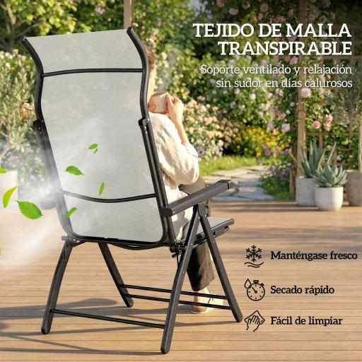 Pack de 2 Sillas Plegables Reclinables de Jardín Exterior con Respaldo Alto Ajustable en 5 Posiciones Reposapiés Gris [5]