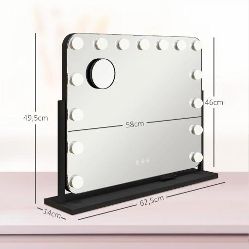 Espejo de Tocador Giratorio 58x46 cm con 14 Bombillas LED 3 Modos de Iluminación Ajustables Interruptor Táctil Negro [1]