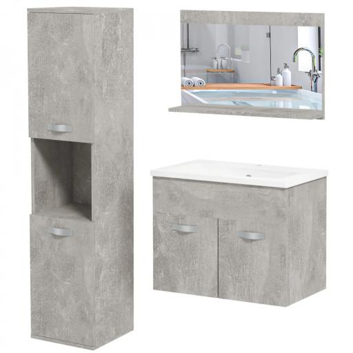 Conjunto de Muebles de Baño de Pared 3 Piezas Incluye Espejo Armario con Lavabo Cerámico y Columna Auxiliar de Baño Gris [8]