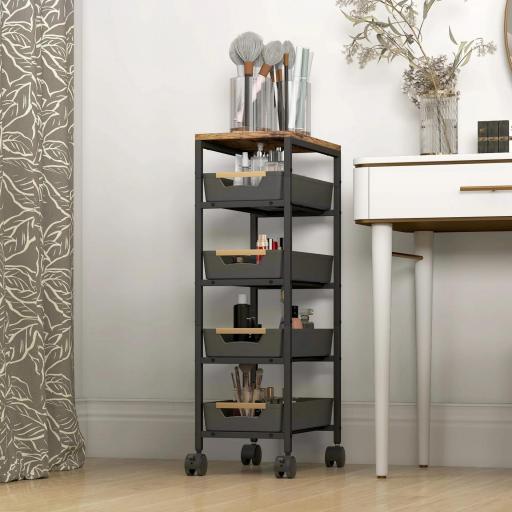 Carro de Cocina de 5 Niveles Carrito Auxiliar con Ruedas Tablero Efecto Madera Cajones Extraíbles 39,5x24x82 cm Negro [5]