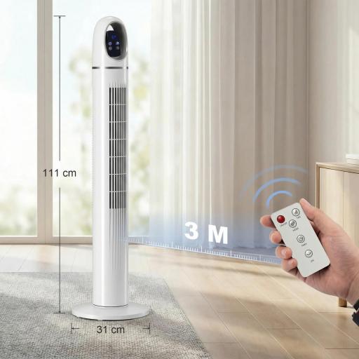 Ventilador de Torre con Control Remoto 3 Velocidades 3 Modos Temporizador 24H Oscilación 70° Pantalla LED Blanco [1]