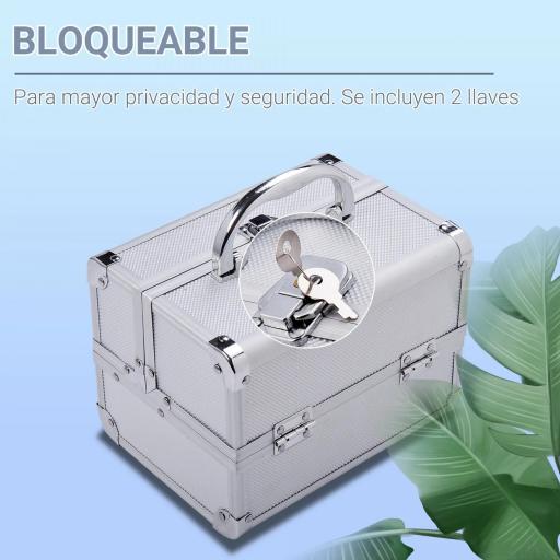Maletín Maquillaje Profesional Estuche de Cosmético Portátil con Bandejas de 3 Niveles y Espejo 2 Llaves para Joyero Manicura Viaje 20x15x15 cm Plateado [3]