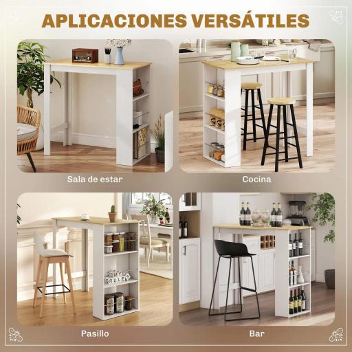 Mesa de Bar Mesa de Bistró Mesa de Comedor Mesa Alta con 3 Estantes Laterales y Estructura de Madera 112x57x106cm Blanco [4]