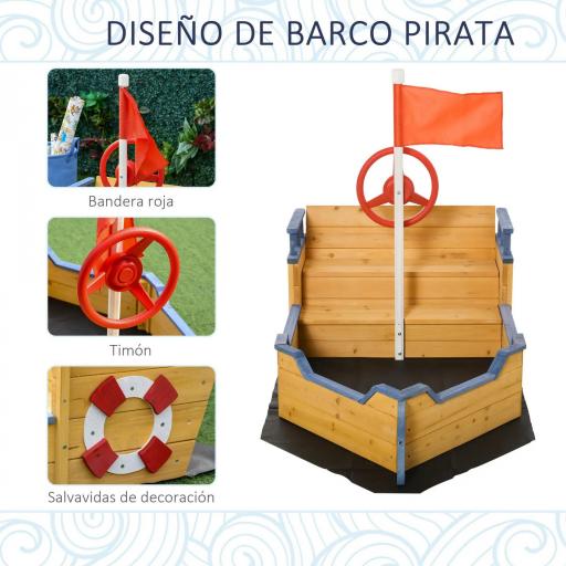 Arenero Infantil de Madera Diseño de Galeón con 2 Escalones Banco con Almacenaje Bandera y Timón Cajón de Arena [2]