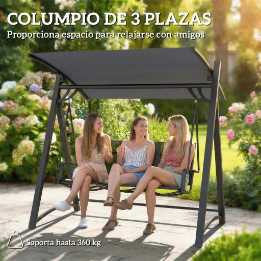 Columpio de Jardín de 3 Plazas con Techo Ajustable UPF50+ Asiento Transpirable Carga 360 kg 188x130x183 cm Gris [2]