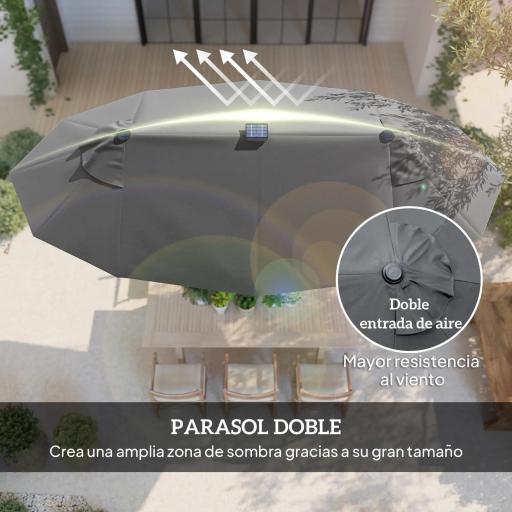 Sombrilla de Jardín Doble 295x150x219 cm con Luces LED Solares Toldo con Inclinación Ajustable y Manivela Manual Gris [6]