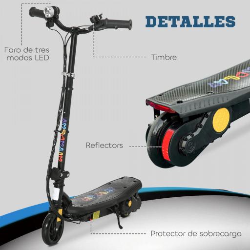 Patinete Eléctrico para Niños de 7-14 Años Plegable con Faro LED Rueda y Freno Velocidad Máxima de 12 km/h Negro [7]