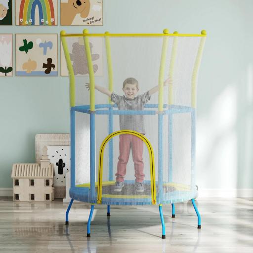 Trampolín Infantil de Interior con Red de Seguridad Cuerdas Elásticas y Barras Acolchadas 3-6 Años Ø140x190cm Azul Claro