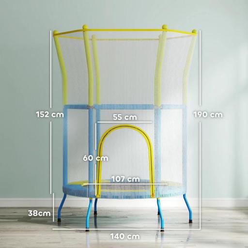 Trampolín Infantil de Interior con Red de Seguridad Cuerdas Elásticas y Barras Acolchadas 3-6 Años Ø140x190cm Azul Claro [7]