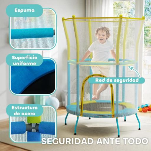 Trampolín Infantil de Interior con Red de Seguridad Cuerdas Elásticas y Barras Acolchadas 3-6 Años Ø140x190cm Azul Claro [5]