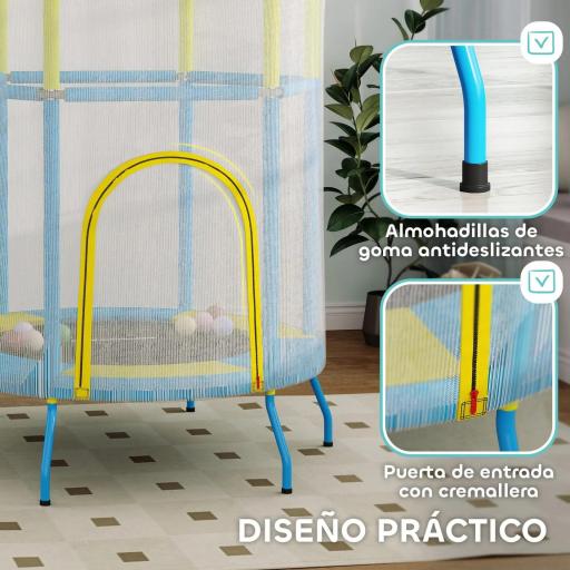 Trampolín Infantil de Interior con Red de Seguridad Cuerdas Elásticas y Barras Acolchadas 3-6 Años Ø140x190cm Azul Claro [6]