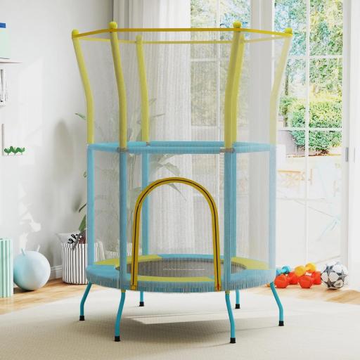 Trampolín Infantil de Interior con Red de Seguridad Cuerdas Elásticas y Barras Acolchadas 3-6 Años Ø140x190cm Azul Claro [4]