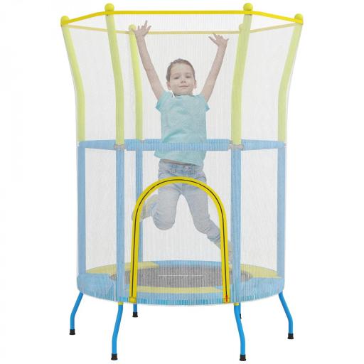 Trampolín Infantil de Interior con Red de Seguridad Cuerdas Elásticas y Barras Acolchadas 3-6 Años Ø140x190cm Azul Claro [9]
