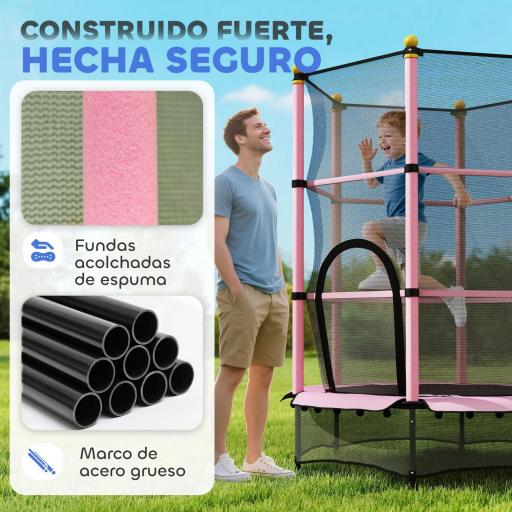 Trampolín para Niños de +3 Años Ø140 cm con Red de Seguridad y Marco de Acero para Interior y Exterior Rosa y Negro [6]