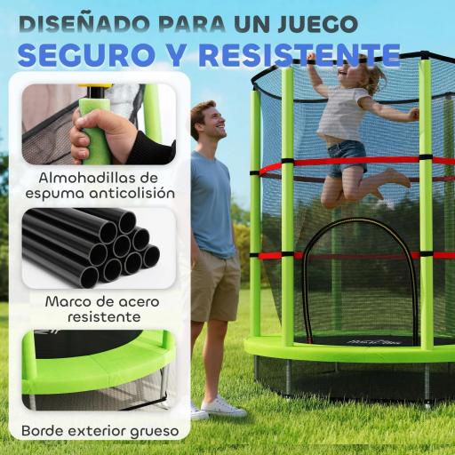 Cama Elástica Infantil Trampolín para Niños de 3-6 Años con Red de Seguridad Carga 45 kg Ø140x190 cm Verde [1]