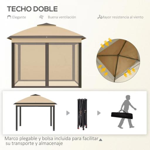 Carpa Plegable 3,3x3,3 m con Altura Ajustable Doble Techo 4 Mosquiteras Extraíbles y Bolsa de Transporte Anti-UV Beige [2]
