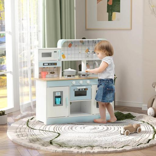 Cocinita Infantil con Sonido Fogón Grifo Fregadero Microondas Cafetera Máquina de Hielo y Accesorios de Cocina Blanco