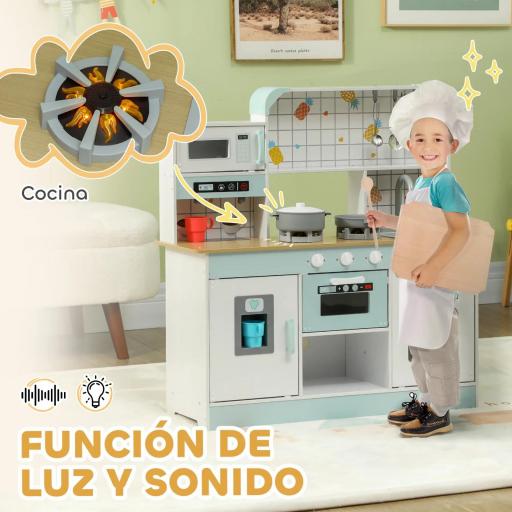 Cocinita Infantil con Sonido Fogón Grifo Fregadero Microondas Cafetera Máquina de Hielo y Accesorios de Cocina Blanco [3]