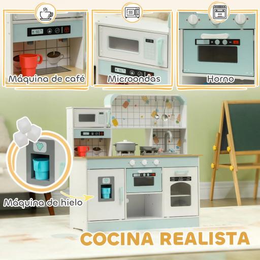 Cocinita Infantil con Sonido Fogón Grifo Fregadero Microondas Cafetera Máquina de Hielo y Accesorios de Cocina Blanco [7]