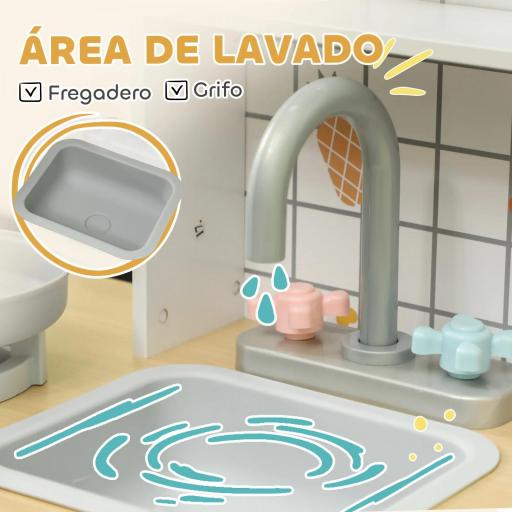 Cocinita Infantil con Sonido Fogón Grifo Fregadero Microondas Cafetera Máquina de Hielo y Accesorios de Cocina Blanco [5]