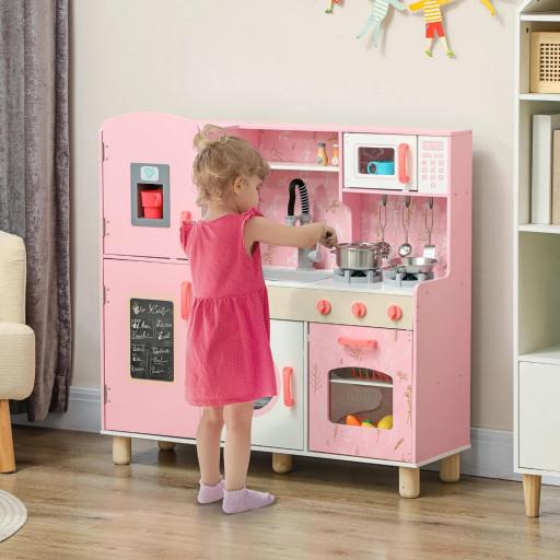 Cocina de Madera Infantil con Sonido Fogón Horno Grifo Fregadero Microondas Lavadora Máquina de Hielo Rosa