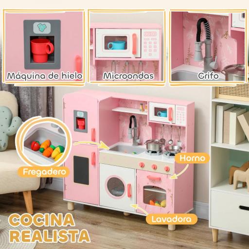 Cocina de Madera Infantil con Sonido Fogón Horno Grifo Fregadero Microondas Lavadora Máquina de Hielo Rosa [2]